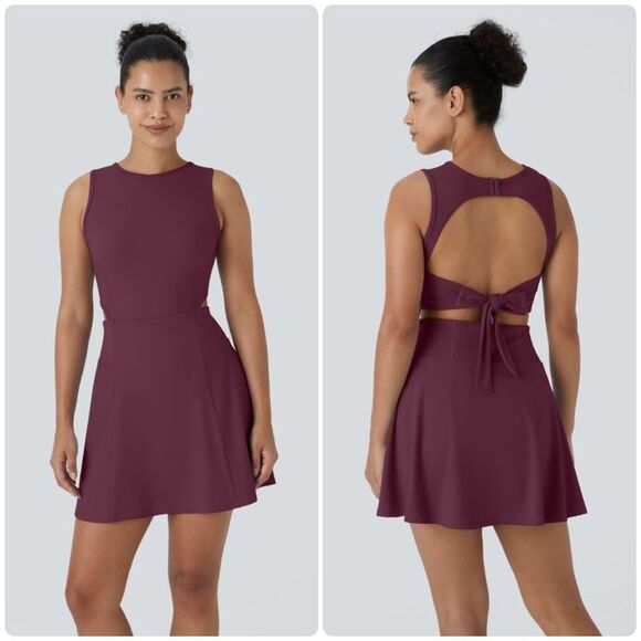 Halara Buckle Tie Back 2-in-1 Pocket Dance Active Dress NWT Size Large - Fig - Picture 1 of 11